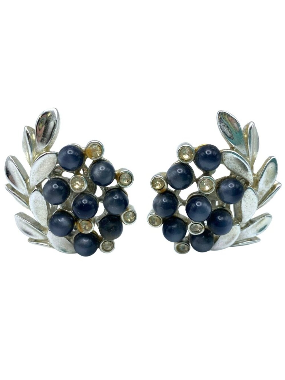 Charel Clip on Earrings Faux Pearl Rhinestone Silver tone Leaves MCM 50's Retro